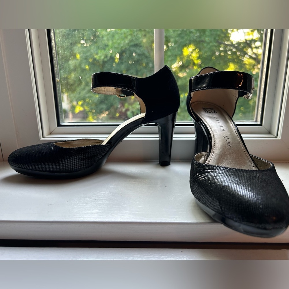 Black chunky ankle-strap heels